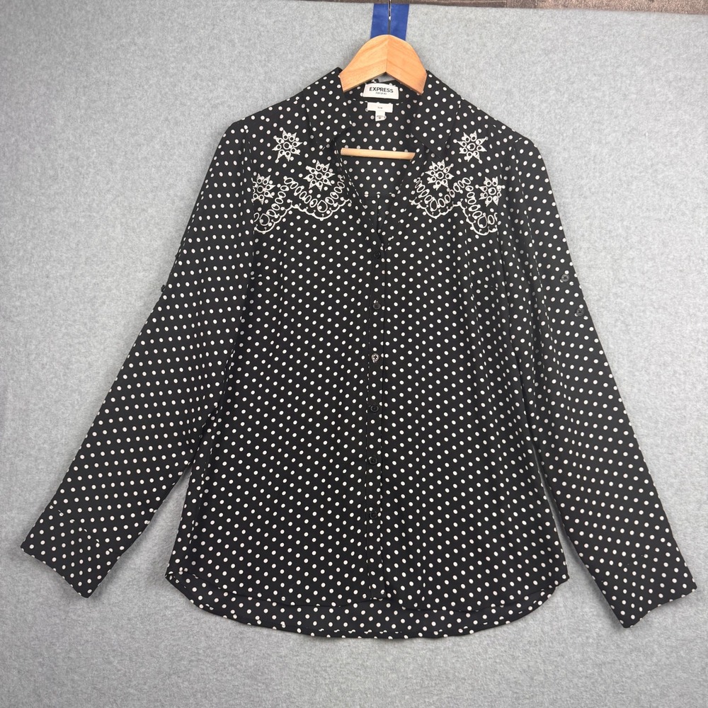 Express Portofino Blouse Womens Medium Black White Polka Dot Embroidered Slim